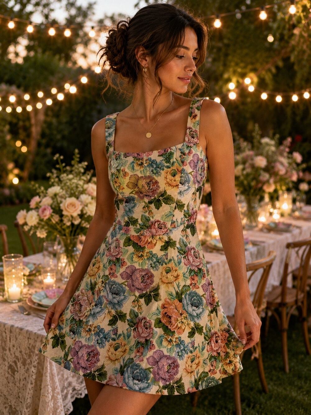 PrettyLittleThing Floral Tapestry Mini Dress Cottagecore Square Neck US 8